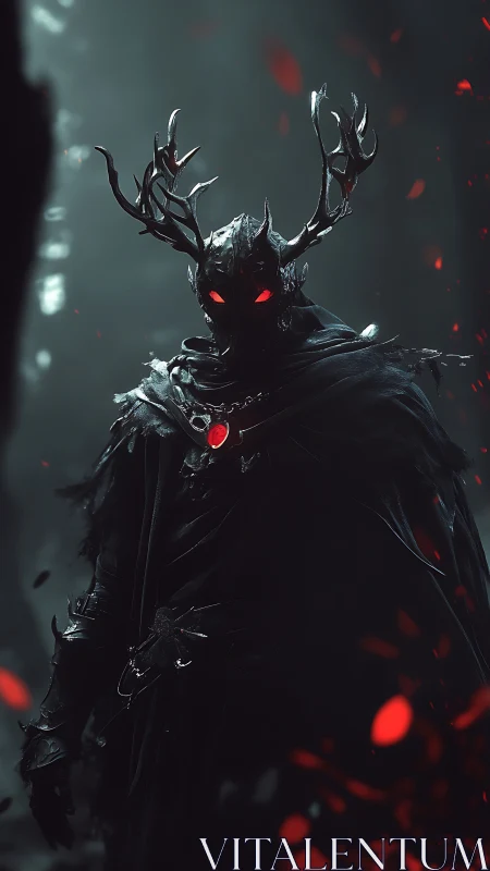 Dark antlered knight with red eyes in ember storm.