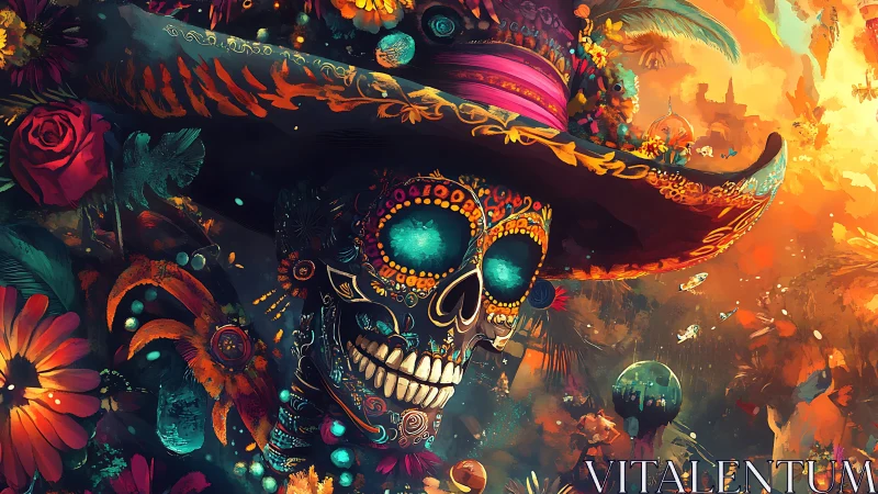 Highly saturated sugar skull portrait with ornate floral hat and glowing eyes