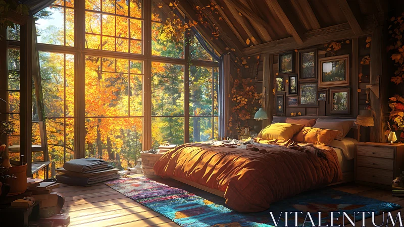 Cozy autumn cabin bedroom glowing with golden forest light.