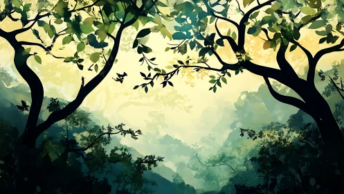 Luminous forest canopy with ancient trees framing golden atmospheric perspective.