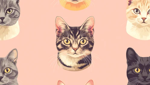 Feline Portrait Collection Against Soft Peach Background. Artistic Rendering.