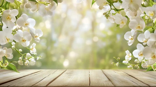 White Orchids with Golden Centers and Wooden Foreground Display