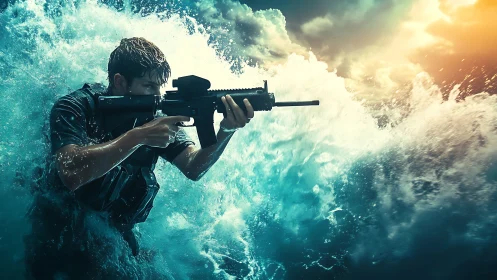 Armed Figure in Dynamic Ocean Wave Setting with Dramatic Sky