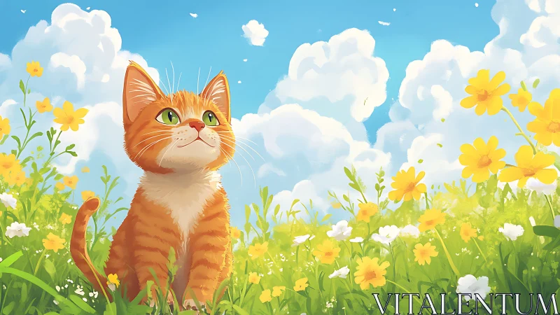 Orange tabby cat rendered in digital painting style positioned within cheerful meadow scene