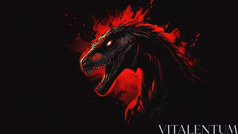 Raging dinosaur head erupts from red splatter on black