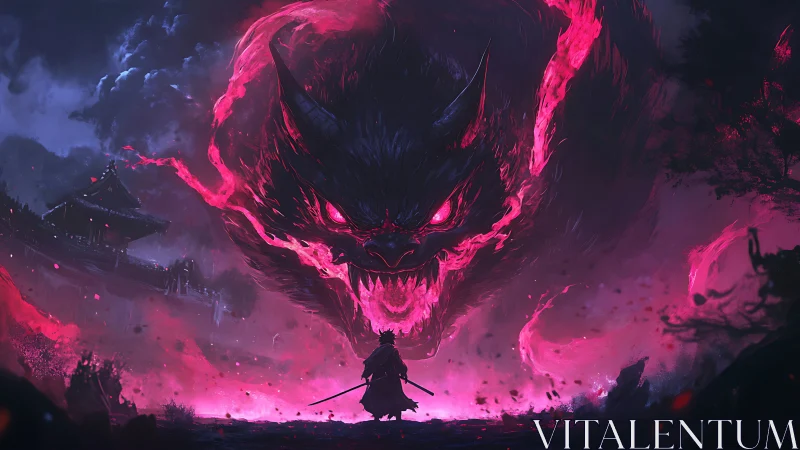 Samurai confronts large spectral wolf in neon magenta haze