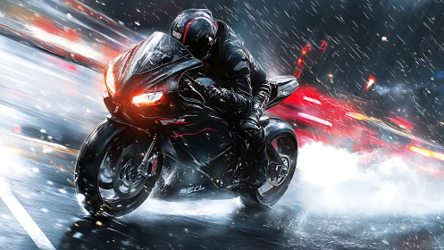 Motorcyclist in wet urban night traffic under rainfall.