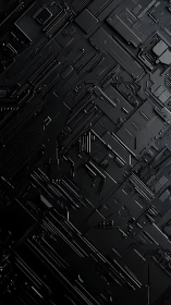 Black geometric relief surface shows layered circuit-like forms