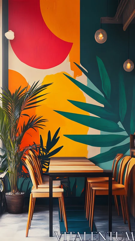 Colorful cafe corner with bold mural and cozy wooden seating.