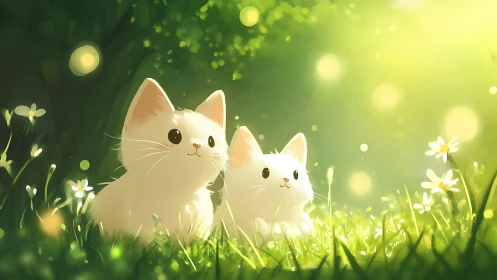 Juvenile Feline Subjects in Verdant Meadow Environment with Atmospheric Bokeh
