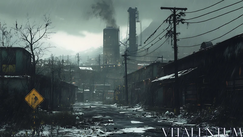 Deserted industrial roadway under cold relentless rainfall.