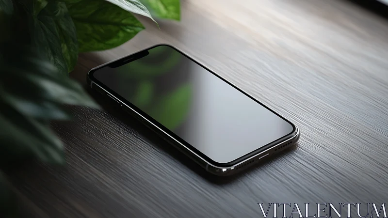 Smartphone on wooden surface with green plant foliage