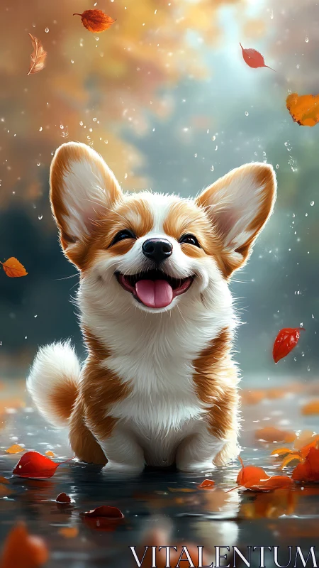 Joyful corgi soaks up autumn rain with bright, happy energy