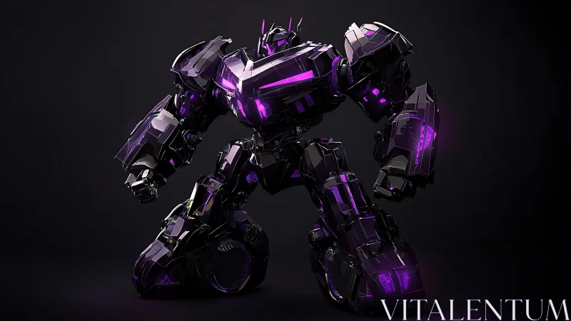 Black armored mech robot with neon purple lighting stance.