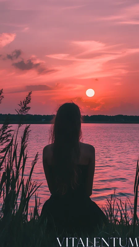 Silhouetted woman observes saturated pink sunset over lake