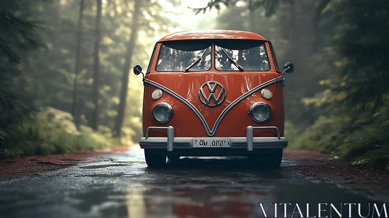 Front view shows a vintage van centered on a wet forest road