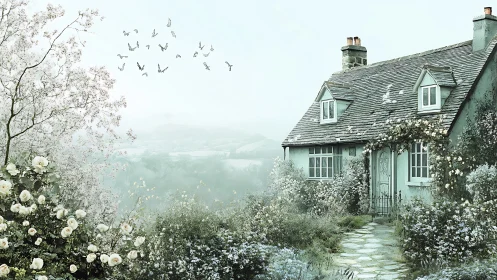 Idyllic cottage garden rendered in soft atmospheric pastels