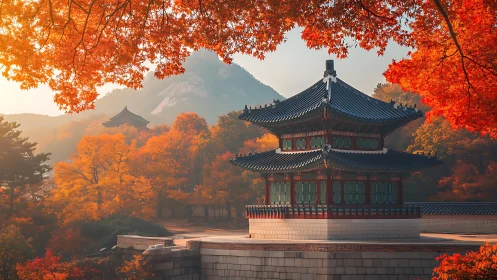 Autumn-kissed Korean pavilion beneath a tapestry of flame.
