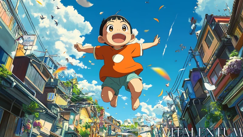 Joyful child leaping into a bright, breezy summer sky.