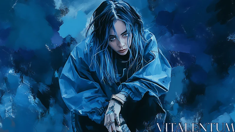 Chromatic blue portrait with moody atmospheric brush dynamics.