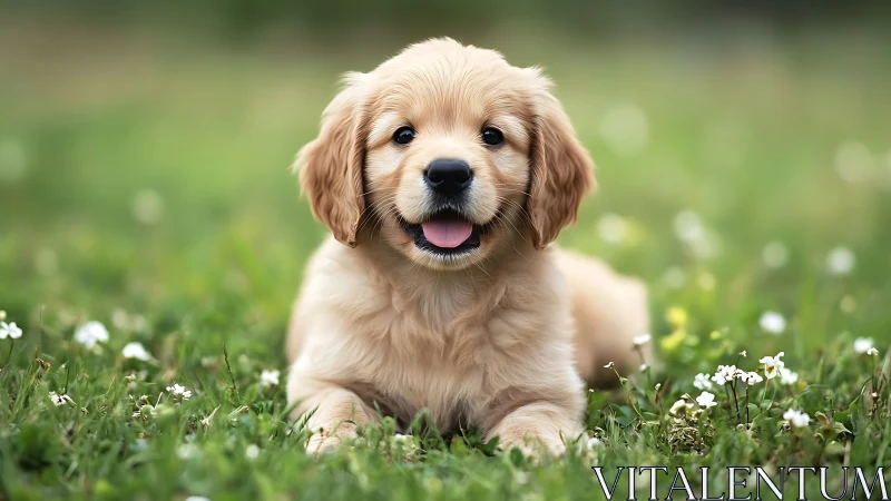 Golden retriever puppy lying on grass with small flowers.