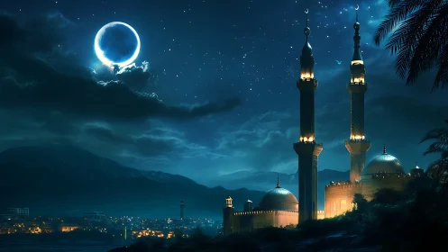 Moonlit mosque skyline under deep blue starry night.