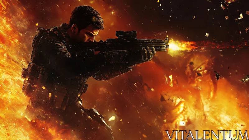 Tactical Operator in Combat Amidst Explosive Inferno