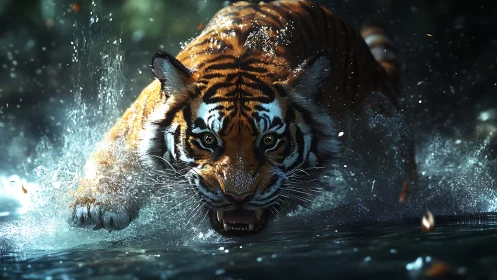 Tiger’s midnight splash frozen in wild, electric motion.