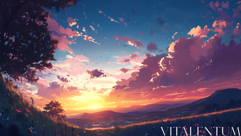 Vibrant digital landscape sunset over distant valley.