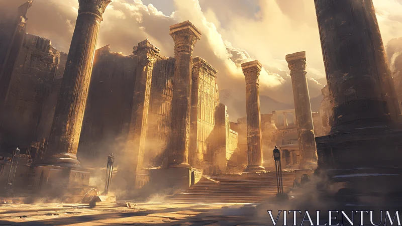 Sunlit monumental ruins with tall stone columns and steps.