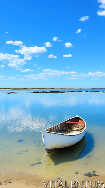 Quiet white rowboat resting under a wide summer sky.