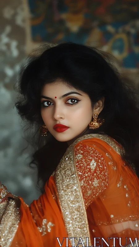 Portrait of woman in ornate orange sari with jewelry.