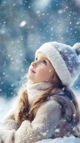 Child in Winter Snow gazing upward with wonder.