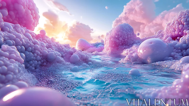 Dreamy pastel bubble shores under a soft cotton-candy sky.