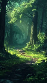 Enchanted Forest Path Bathed in Emerald Light.