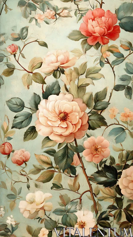 Romantic floral panel in vintage botanical oil style.