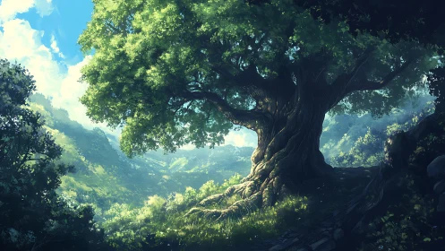 Ancient Tree in Sunlit Forest Valley.