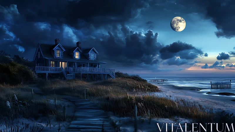Moonlit coastal house glows over windswept midnight shore.