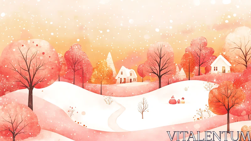 Snowy hills and red trees surround two cottages at sunset
