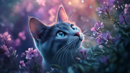 Luminous Feline: Blue-Eyed Cat in Ethereal Floral Garden.