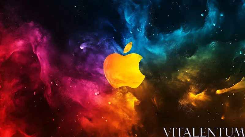 Glowing golden apple drifting through a colorful cosmic mist.