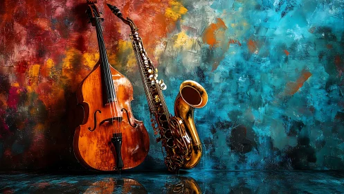 Double bass and saxophone glow before abstract color storm.
