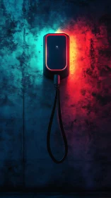 Neon wall charger humming between cold blue and ember red.
