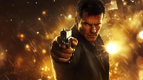 Dynamic gunman portrait captures cinematic action intensity