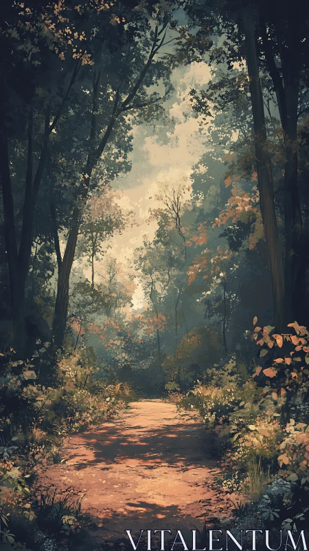 Forest Pathway with Atmospheric Light Filtering Through Canopy