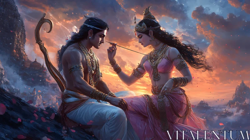 Romantic mythic couple at sunset in ornate digital painting.