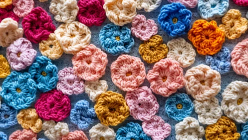 Macro study of multicolor crocheted floral appliques in clusters