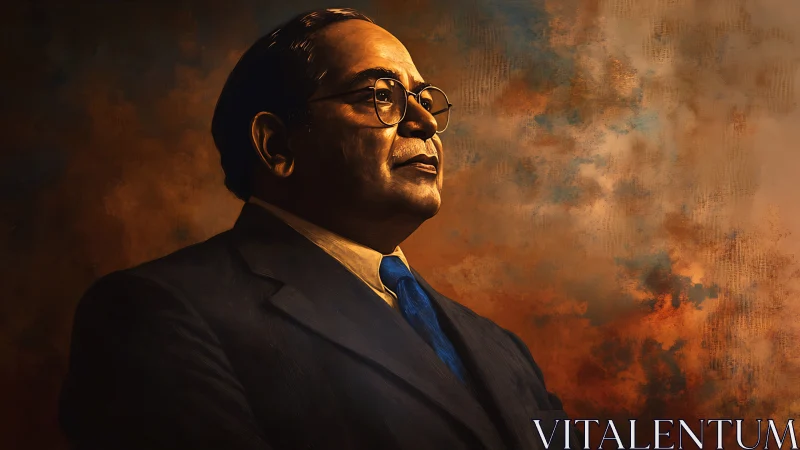 Formal portrait of suited man against textured warm sky.