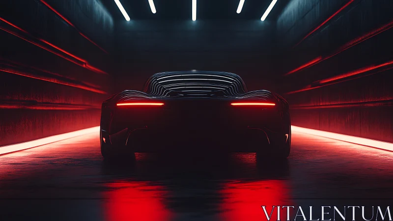 Futuristic sports car rear in neon lit tunnel at night.