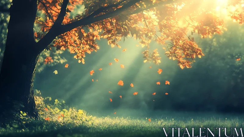 Golden autumn light dancing through a quiet forest grove.